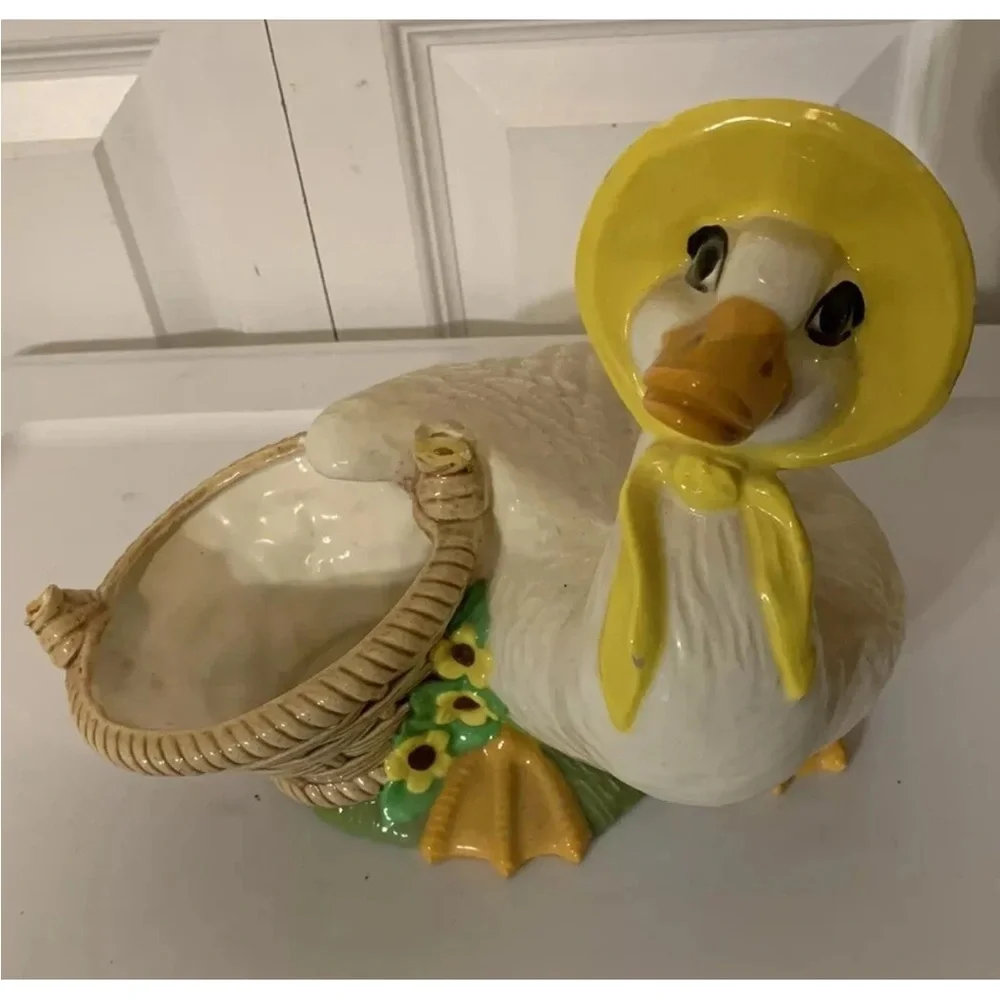 Vintage Whimsical Duck Figurine with Yellow Bonnet and Basket‎ goose